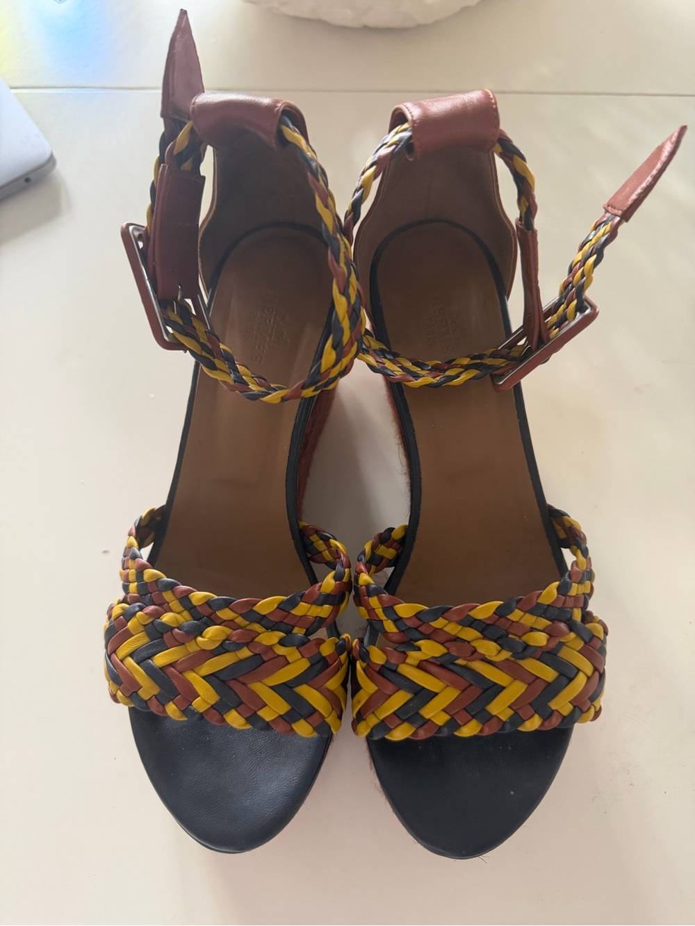 Hermes Multicolor Braided Leather Ankle-Strap Heels